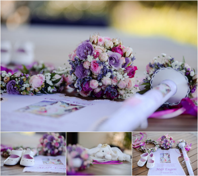 chrzest portret chrzest mała dziewczynka z wiankiem na głowie siedzi pod magnolią